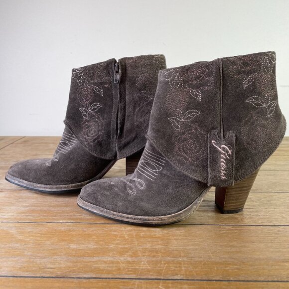 Guess Cowgirl Ankle Booties Size 5.5 - 6 Embroidered Gray Brown Boho Side Zips - Picture 4 of 13